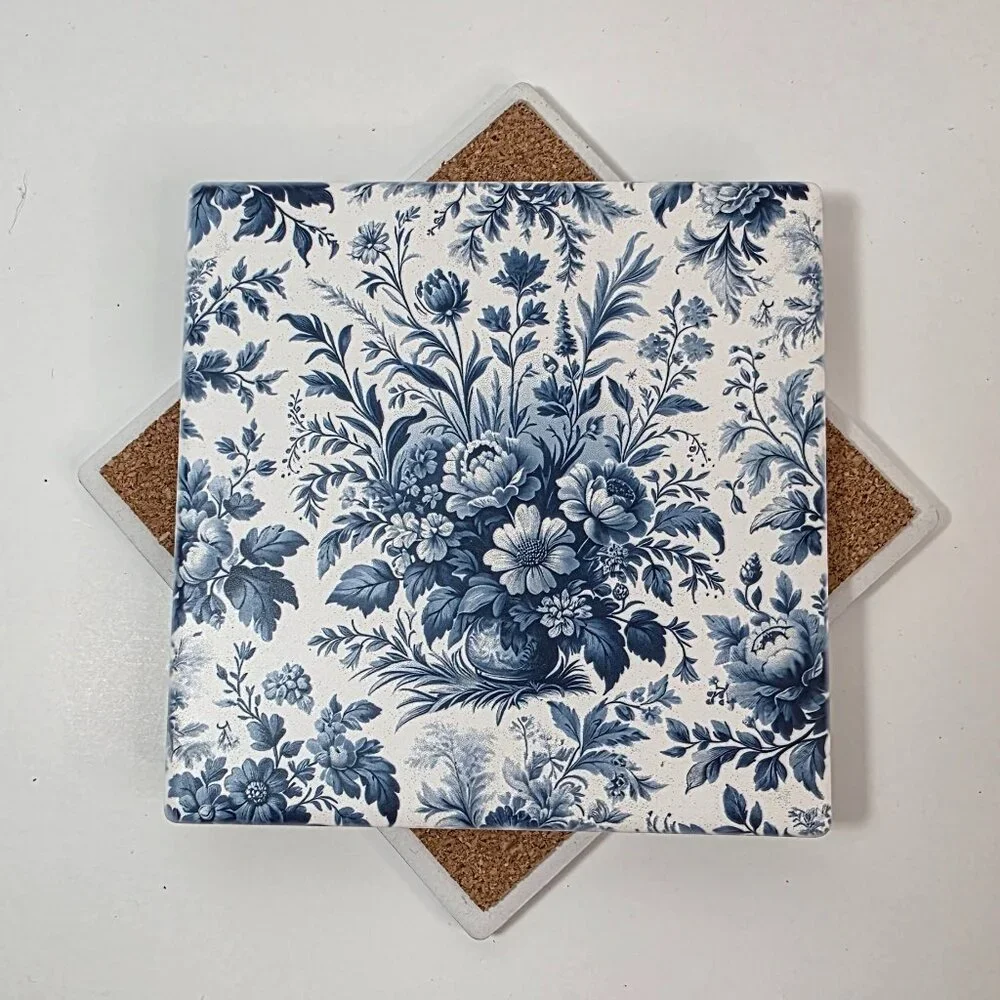 Blue Toile Sandstone Coaster - One Only | French Country Floral | Cork Back 4.3